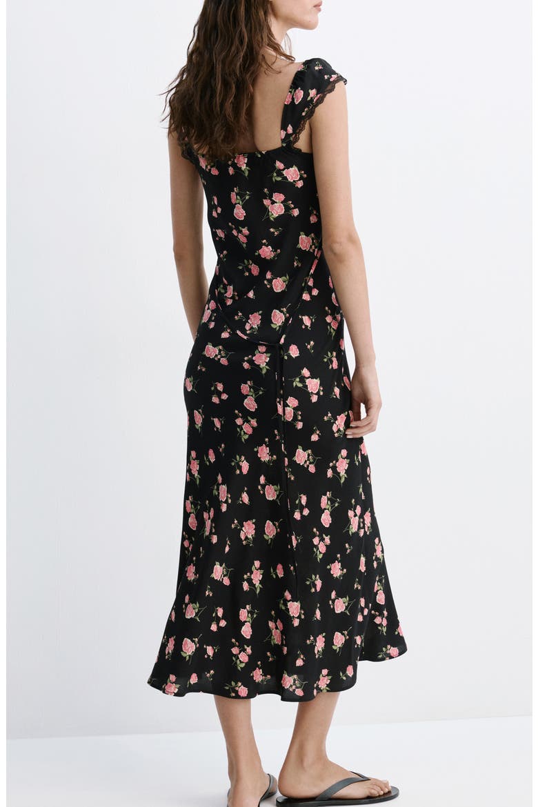 Floral Lace Trim Midi Dress, Alternate, color, BLACK