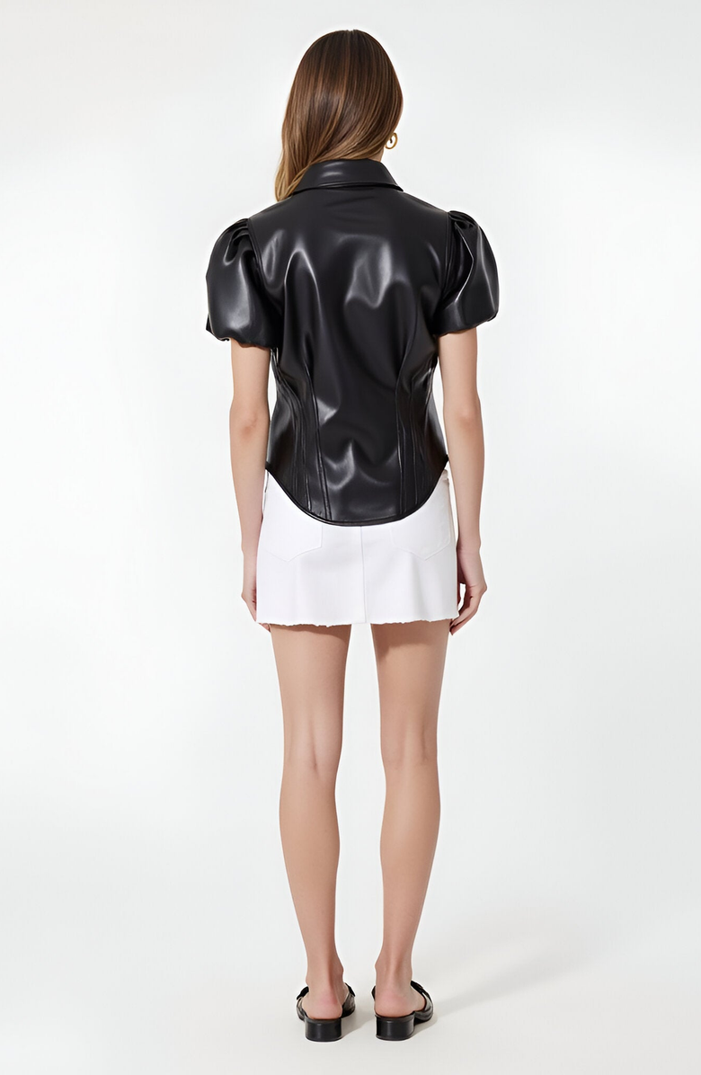 Modenaire Faux Leather Puff Sleeve Button-Up Shirt with Structured Corset Seams, Alternate, color, 
