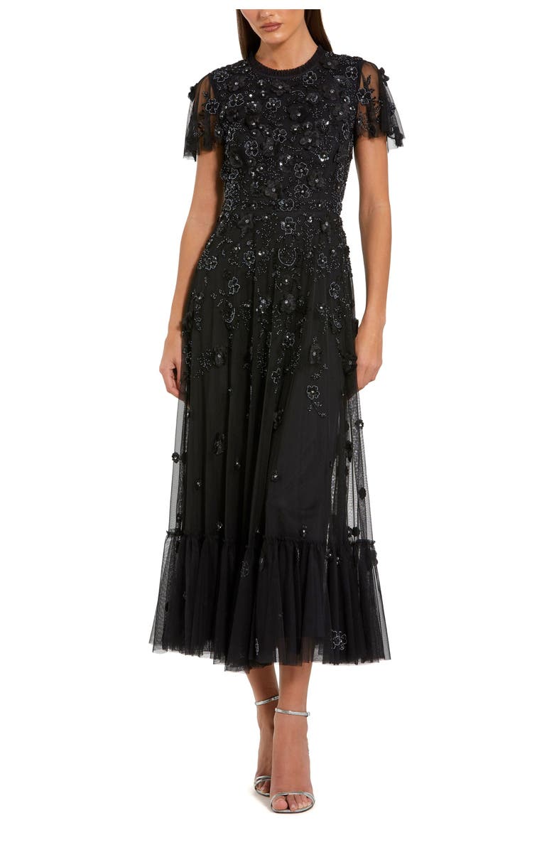 Mac Duggal Embellished High Neck Cap Sleeve A Line Dress, Main, color, Black