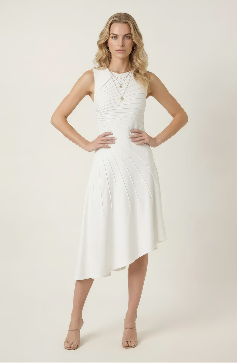 Modenaire Sleeveless Midi Dress with Asymmetrical Hem, Alternate, color, Off-White