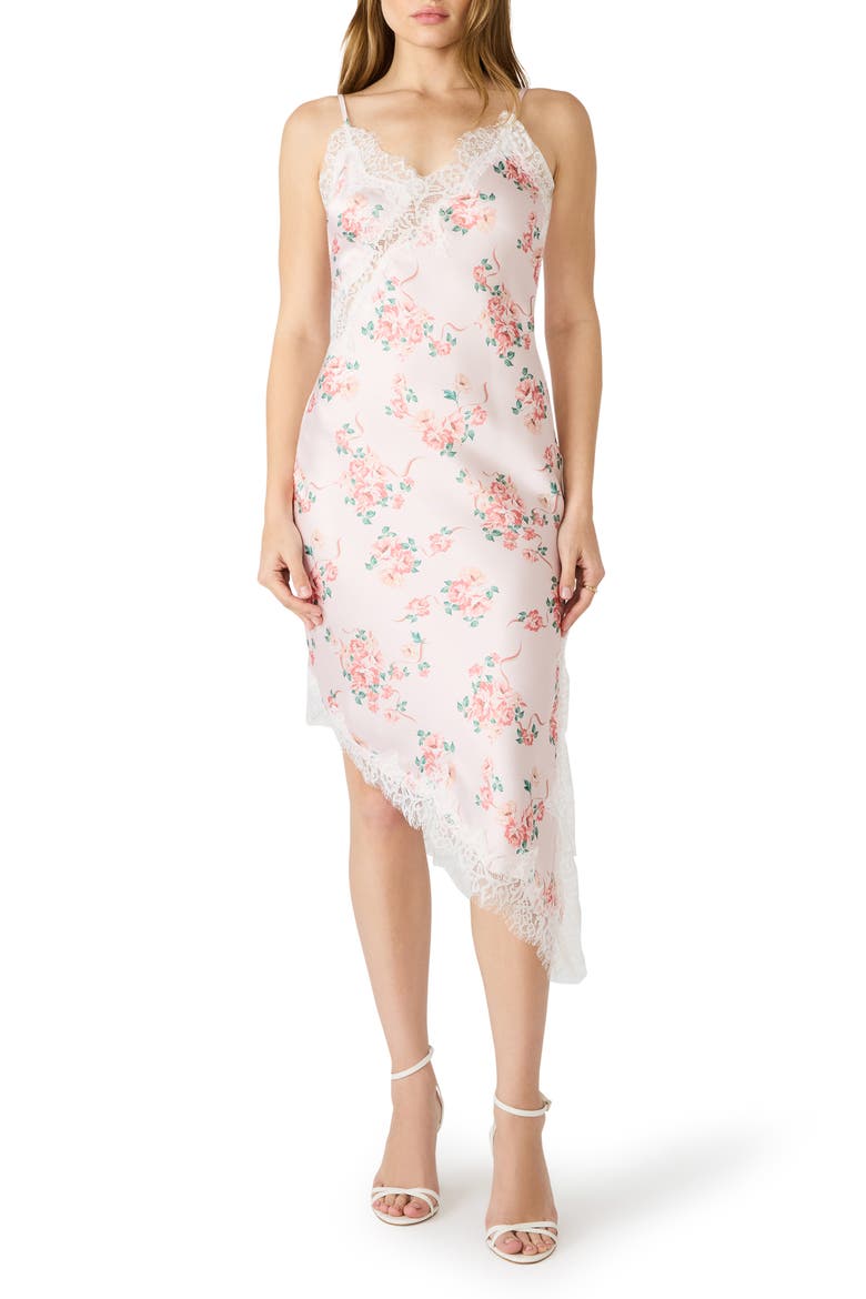 Floral Asymmetric Hem Satin Slipdress, Main, color, PEACH ROMANCE