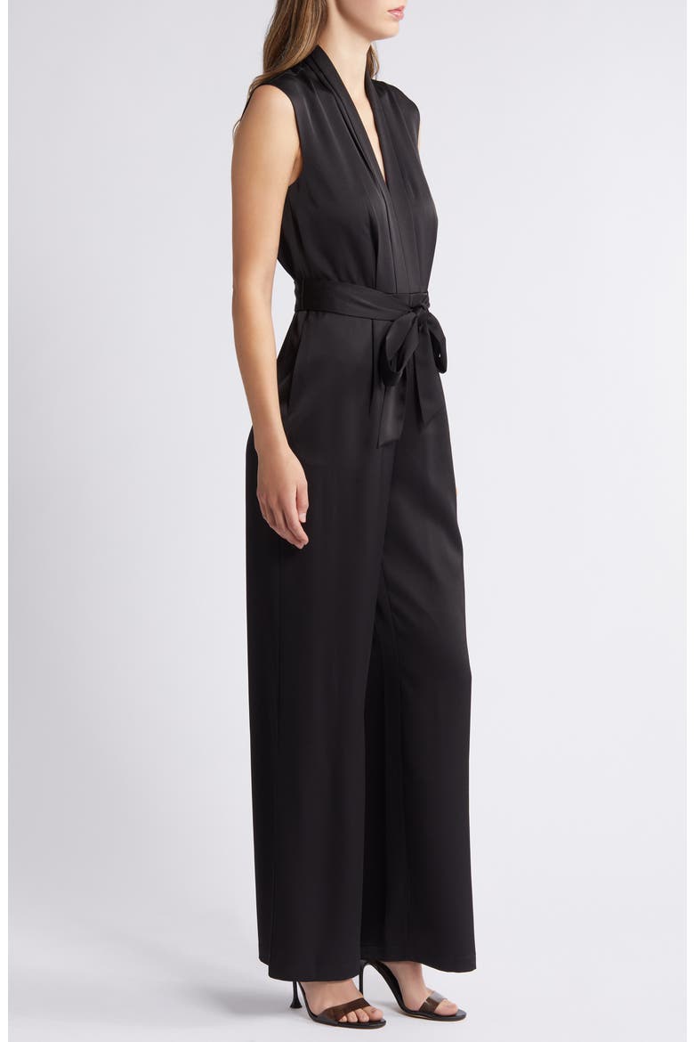 Plunge Neck Satin Jumpsuit, Alternate, color, BLACK