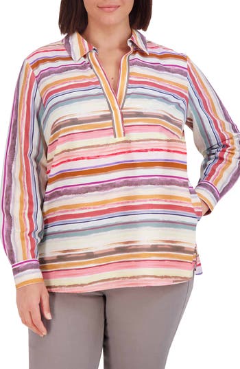 FOXCROFT FOXCROFT SOPHIA ABSTRACT STRIPE COTTON TUNIC TOP 