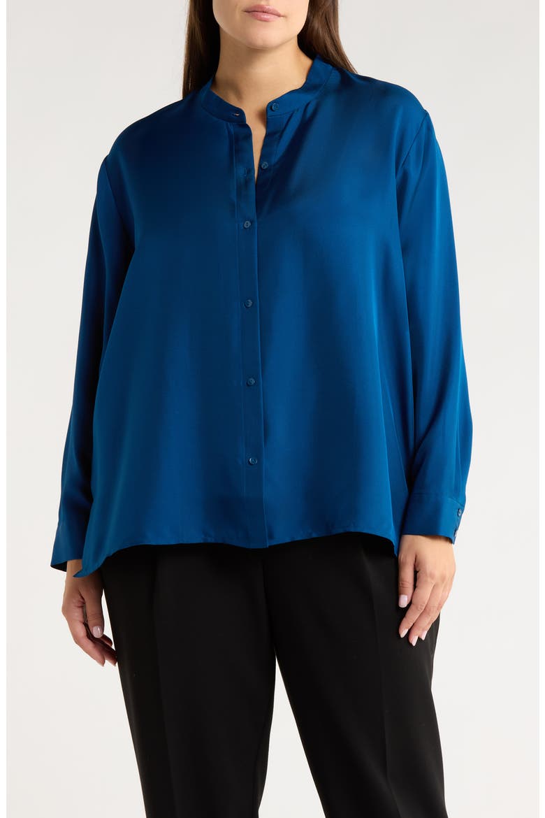Mandarin Collar Silk Button-Up Shirt, Main, color, ATLANTIS