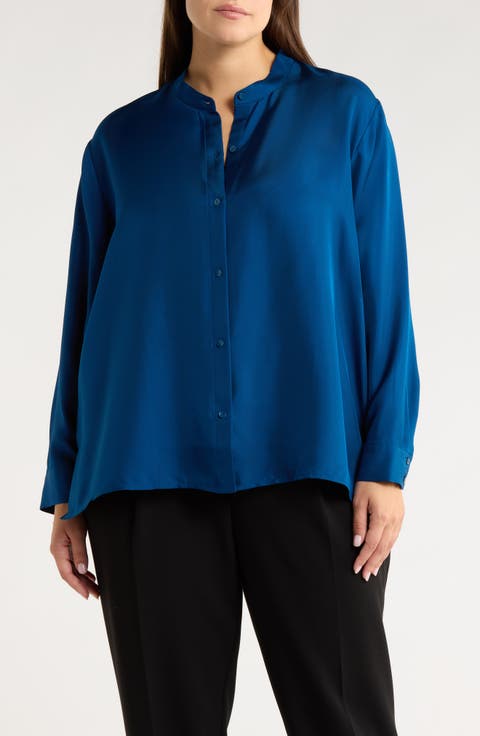 Mandarin Collar Silk Button-Up Shirt (Plus)