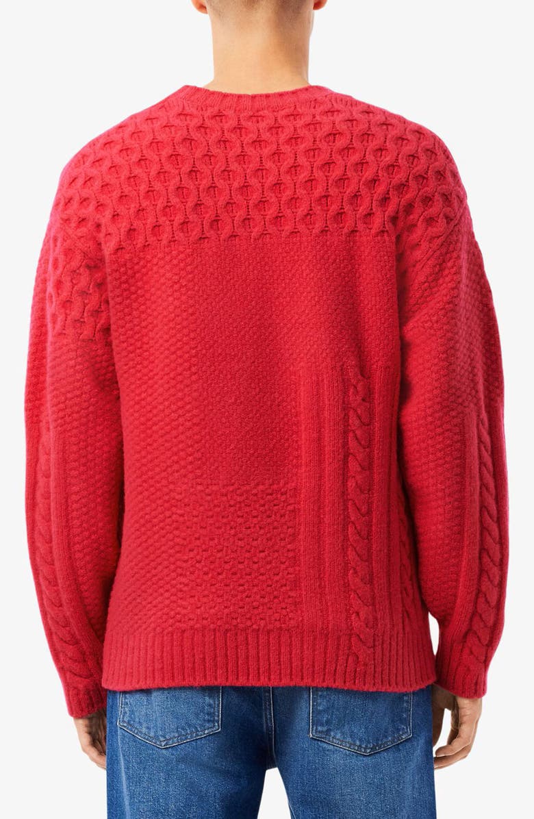 Lacoste Mixed Texture Wool Blend Crewneck Sweater, Alternate, color, Bigarreau Cherry