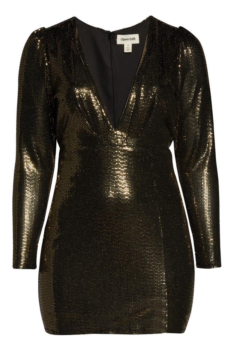 Deep V-Neck Sparkle Long Sleeve Minidress, Alternate, color, METALLIC GOLD