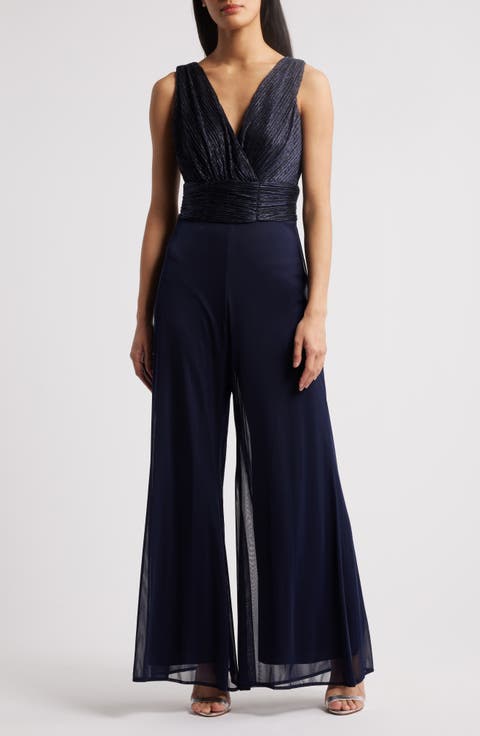 Metallic Plissé Mixed Media Wide Leg Jumpsuit