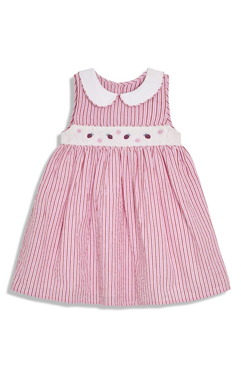 JOJO MAMAN BEBE Stripe Ladybug Embroidered Cotton Dress, Main, color, Pink