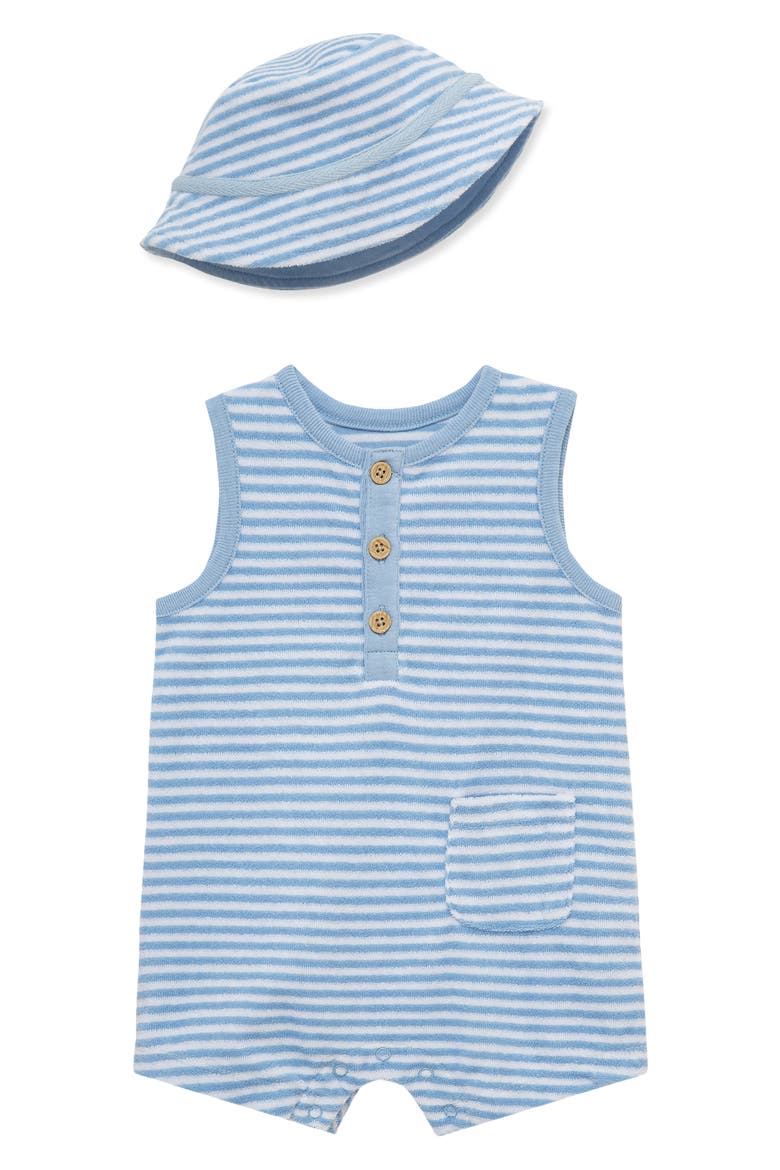 Stripe Terry Romper & Hat Set, Main, color, BLUE