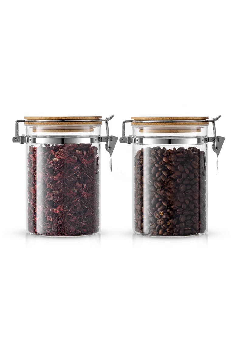 Set of 2 Glass Storage Jars with Airtight Bamboo Clamp Lids, Main, color, CLEAR