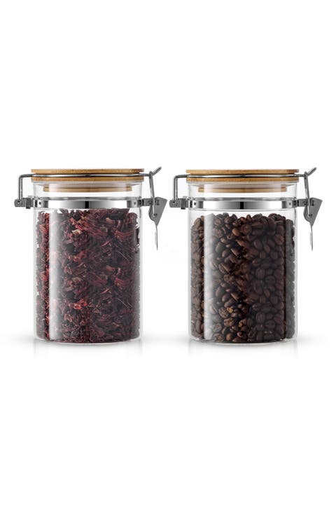 Set of 2 Glass Storage Jars with Airtight Bamboo Clamp Lids