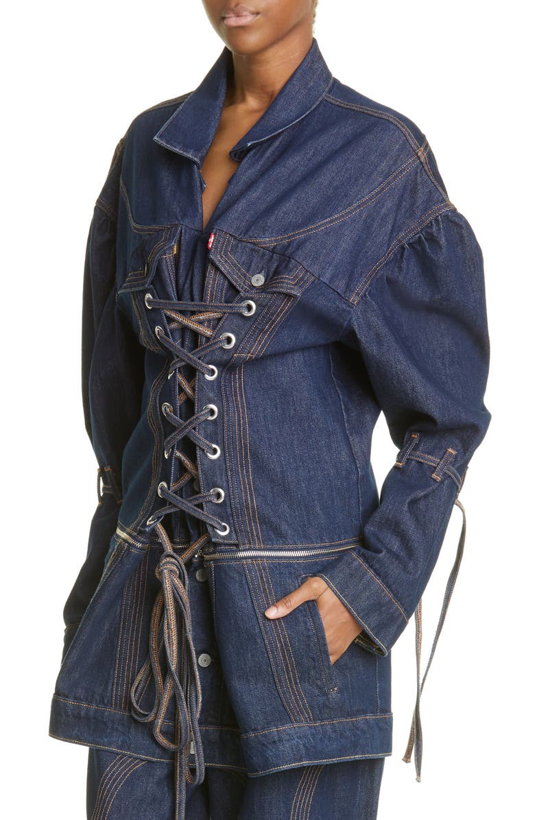 NO SESSO X LEVIS Unisex Corset Zip Hem Convertible Denim Jacket, Alternate, color,
