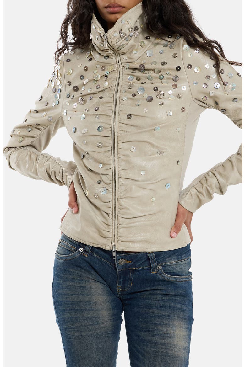 Button-Decorated Faux Leather Fitted Jacket, Alternate, color, BEIGE