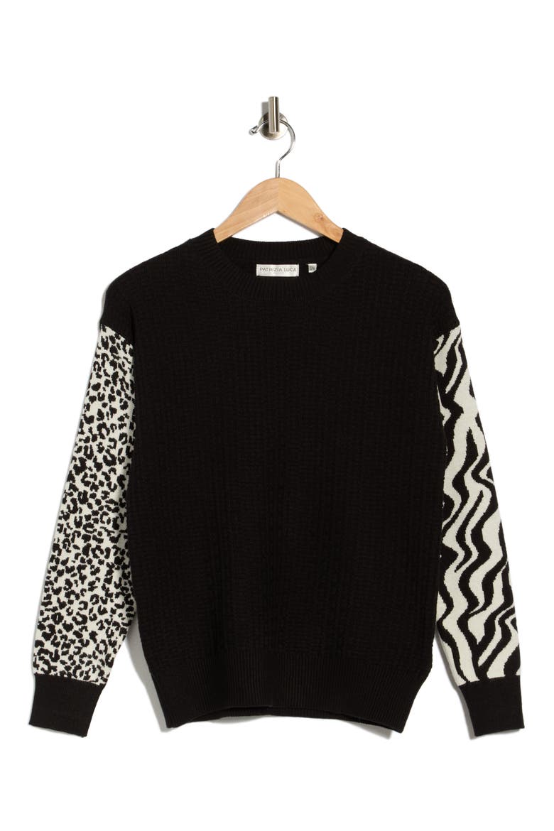 Animal Pattern Sleeve Crewneck Sweater, Alternate, color, BLACK