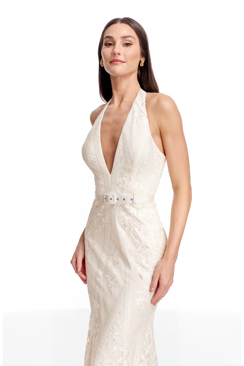 Devin Embroidered Lace Halter Evening Gown, Alternate, color, OFF WHITE