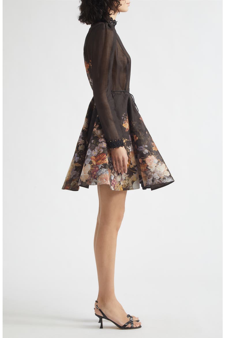 Valiant Embellished Floral Long Sleeve Linen & Silk Organza Dress, Alternate, color, BLACK FLORAL