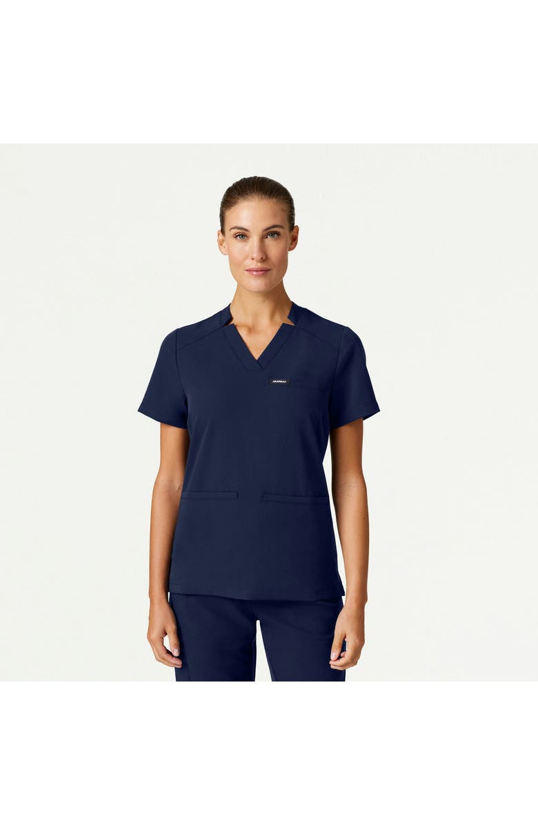 JAANUU Helia Women's 3-Pocket Slim Notched V-Neck Scrub Top, Main, color, Midnight Navy