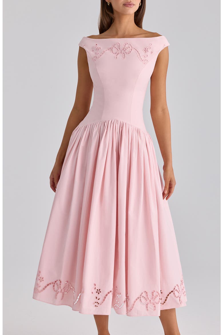 Lauren Off the Shoulder Eyelet Cotton Midi Dress, Alternate, color, PINK