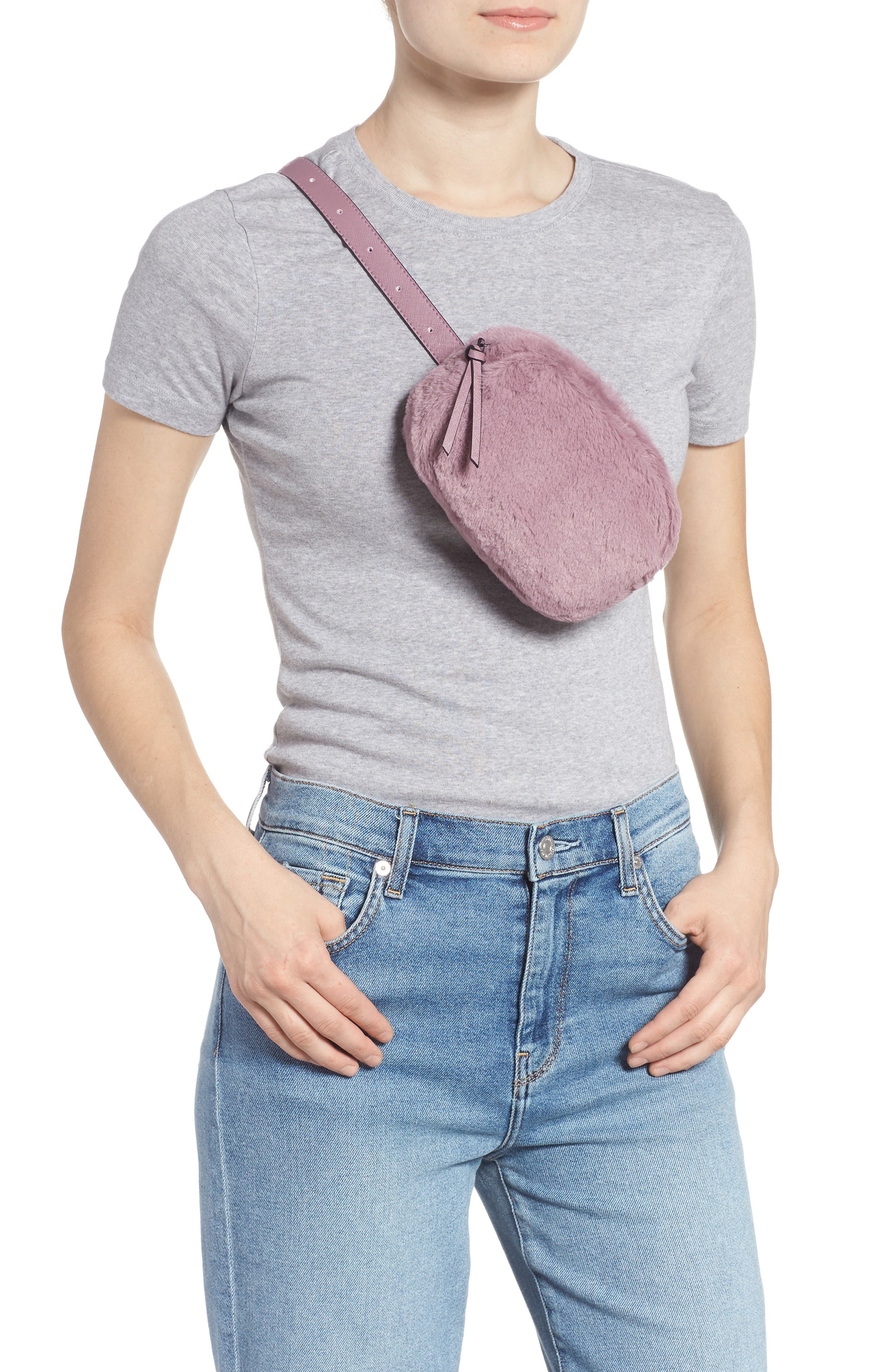 Faux Fur Belt Bag, Alternate, color, LILAC