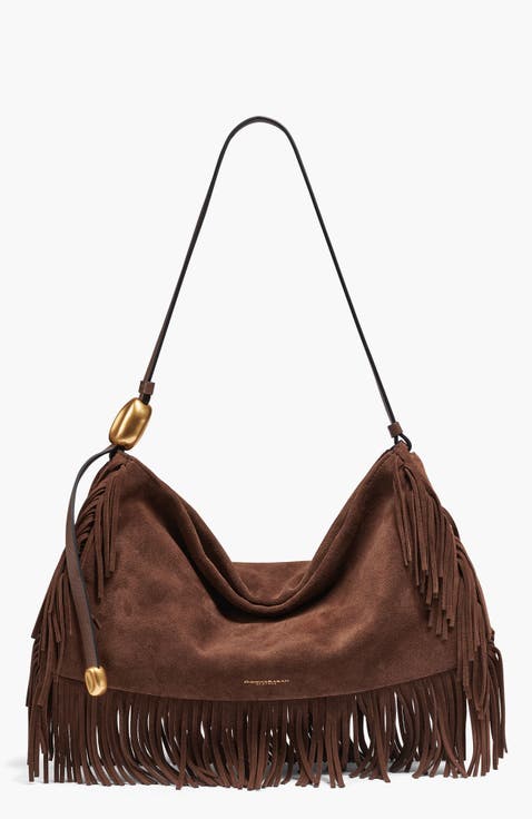 Velvet Suede Fringe Large Shoulder Bag