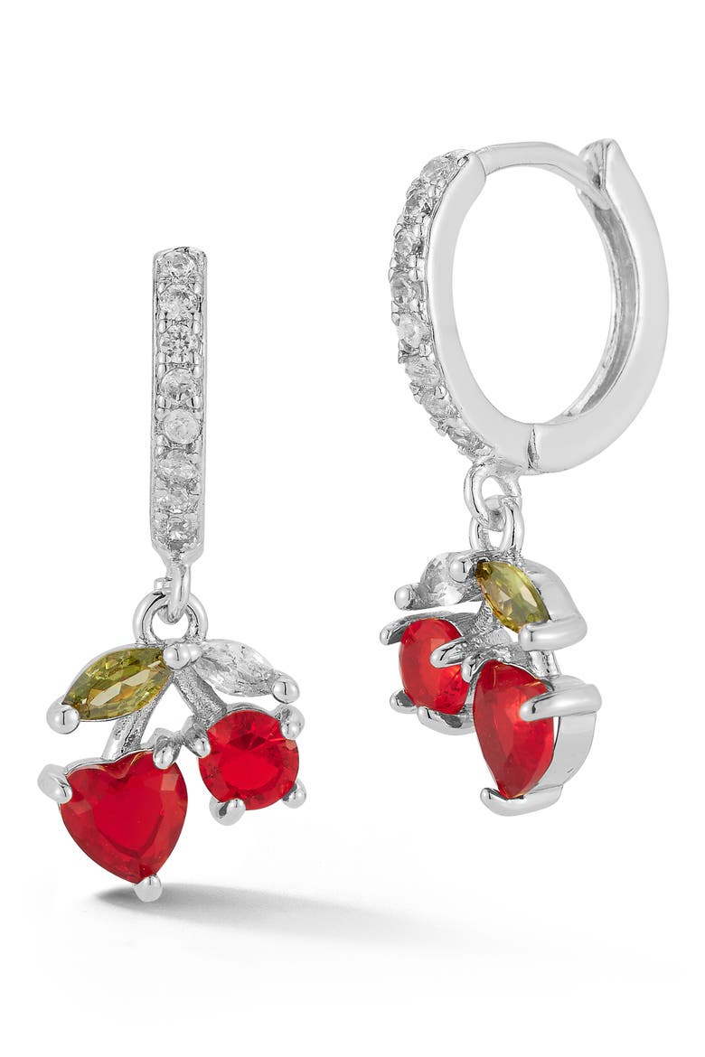 Cherry Cubic Zirconia Huggie Hoop Earrings, Main, color, SILVER