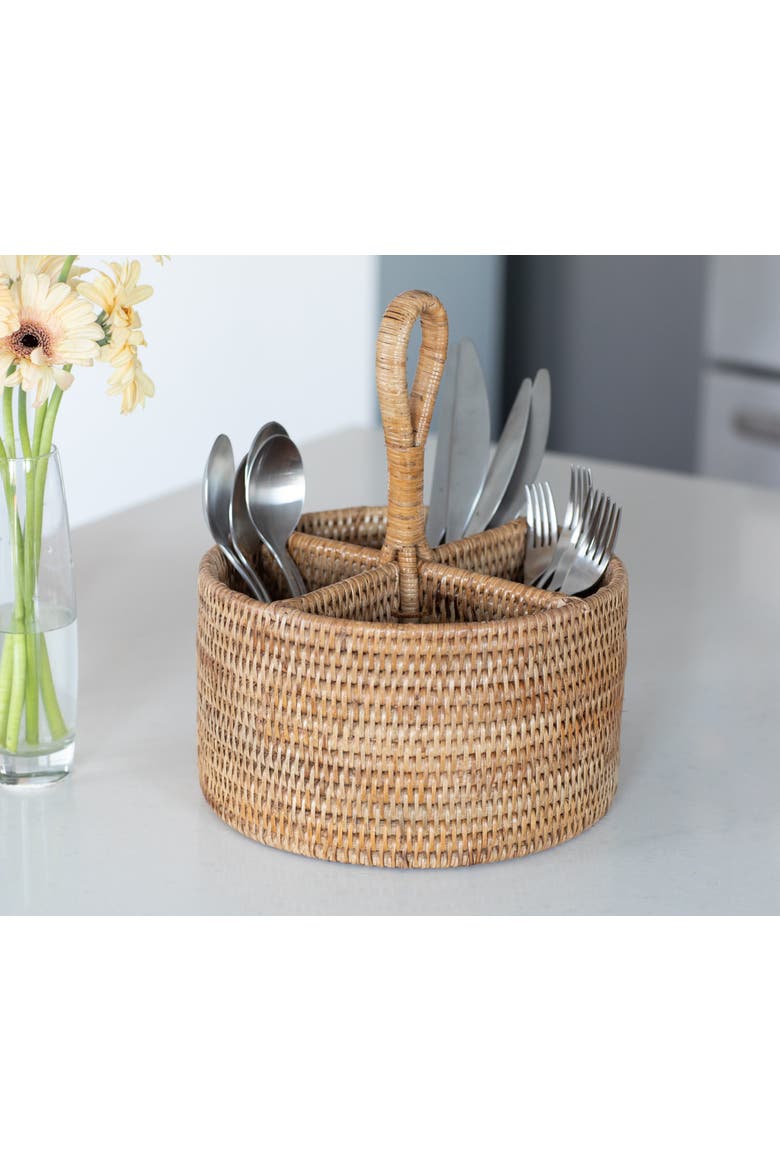 Artifacts Rattan Round 4 section Caddy/Cutlery Holder, Alternate, color, Honey Brown