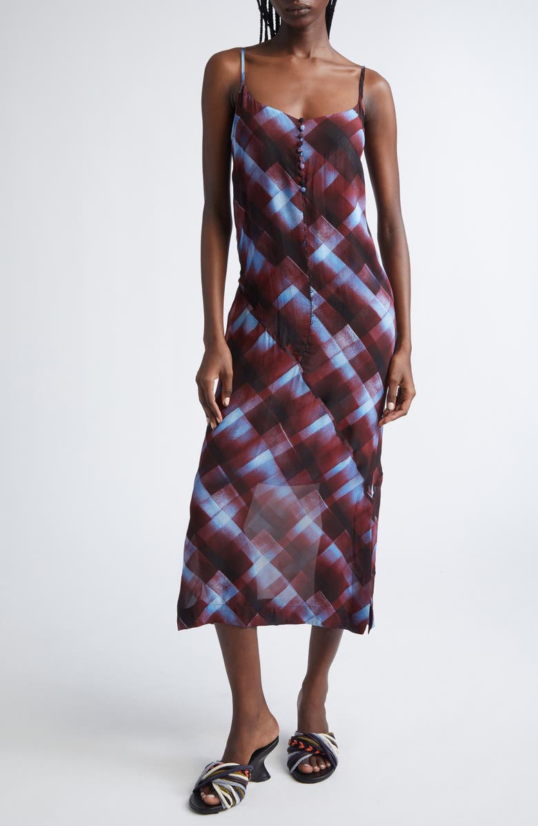 Dries Van Noten Domino Spray Painted Check Midi Dress, Main, color, Burgundy