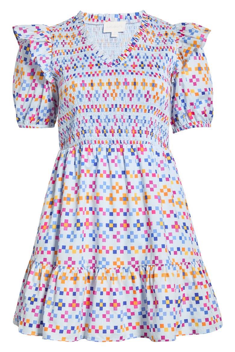 Kessa Geo Leones Smocked Minidress, Alternate, color, LT-BLUE-MULT
