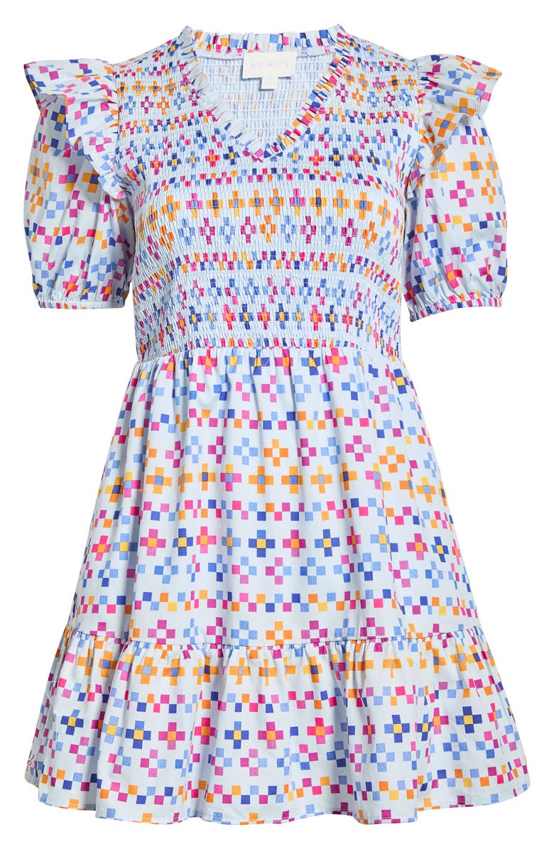 SUGARLIPS Kessa Geo Leones Smocked Minidress, Main, color,