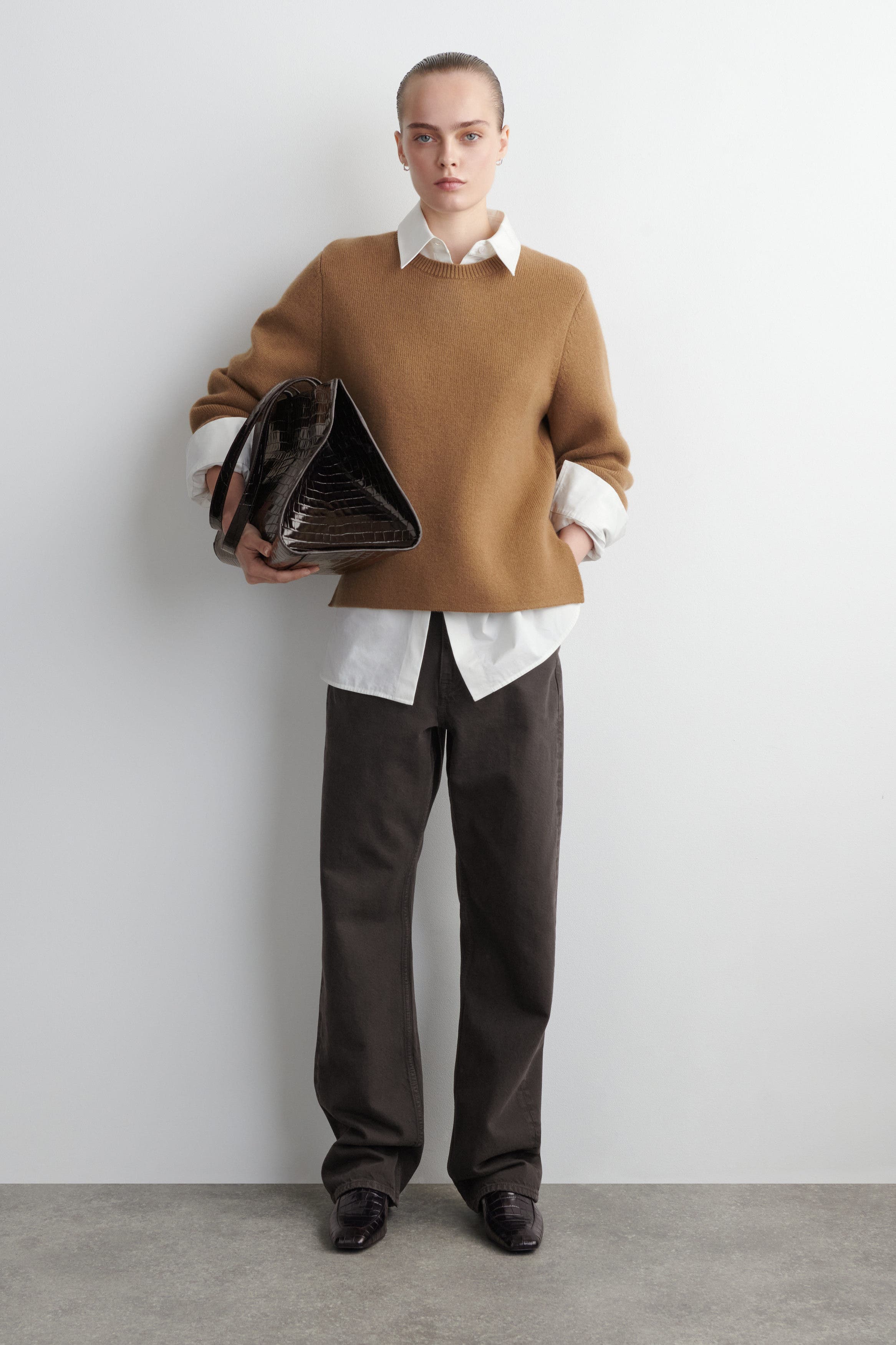 COS Gallery Tote Bag - Croc-Effect Leather, Alternate, color, Dark Brown