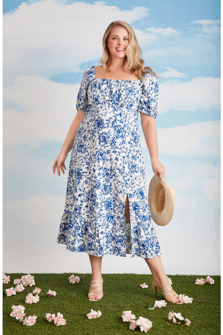 Floral Puff Sleeve Maxi Dress, Alternate, color, IVORY/NAVY