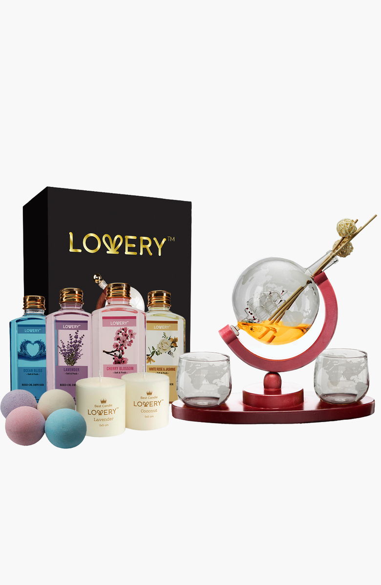 Lovery Whiskey Wine Globe Decanter and Spa Essentials Gift Set Deluxe 20pc, Main, color, 