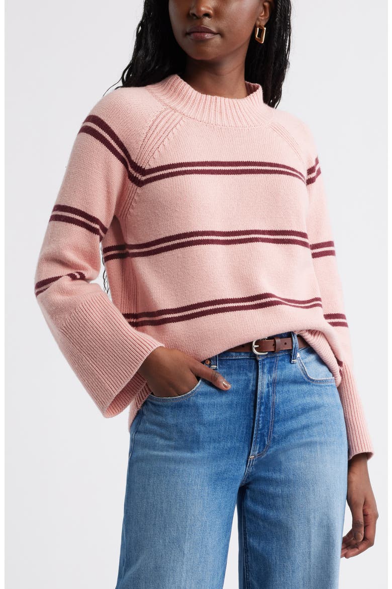 Bell Sleeve Mock Neck Merino Wool & Cotton Sweater, Main, color, PINK- TAN BURGUNDY DUO STRIPE