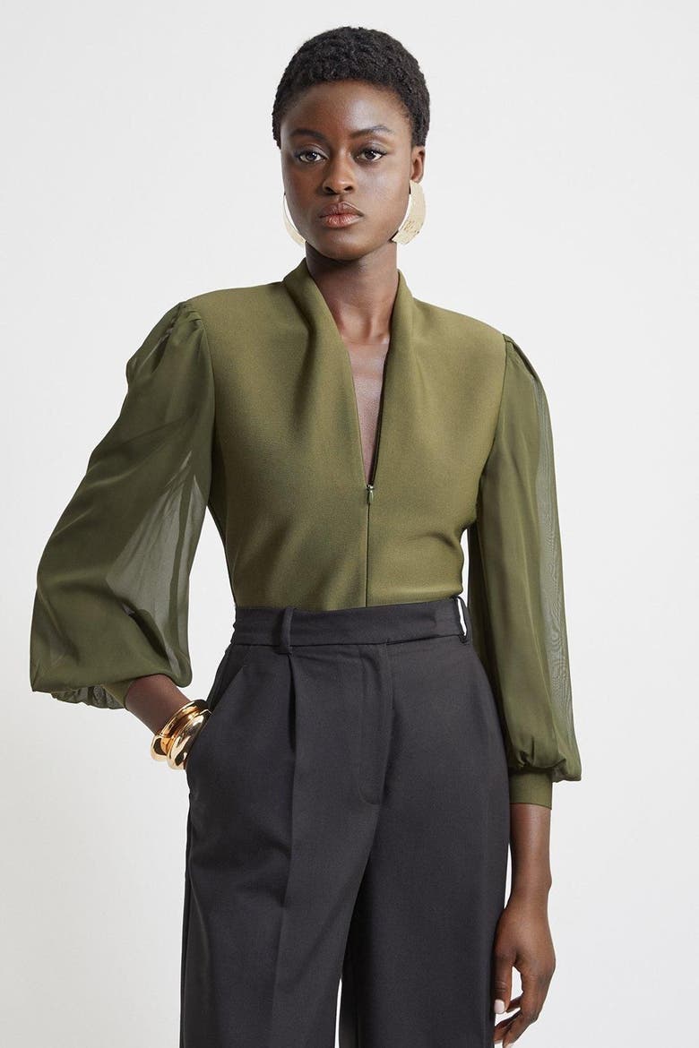 Zip Detail Chiffon Sleeve Knit Top, Main, color, Olive