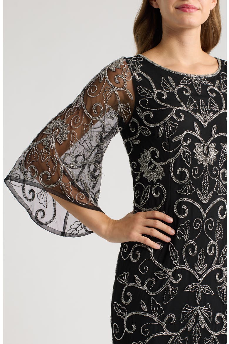 Beaded Three Quarter Sleeve Gown, Alternate, color, BLACK/ SILVER 013