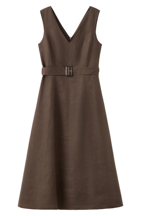 Belted Linen Midi Dress