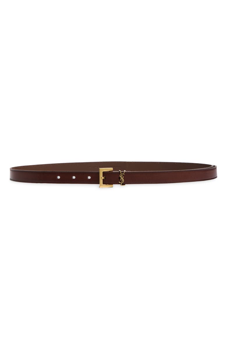 Saint Laurent Cassandre Logo Leather Belt, Main, color, Dark Chocolate