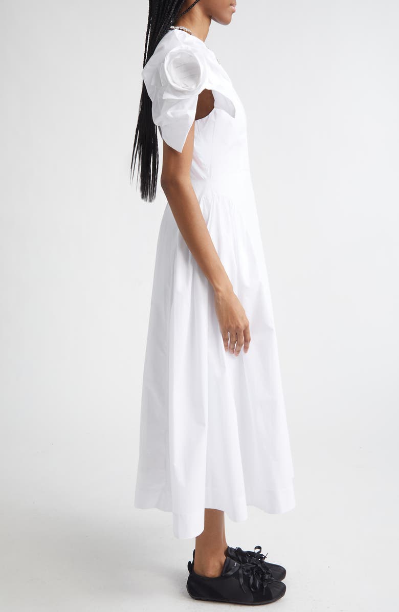 Simone Rocha Rosette Puff Sleeve Cotton Poplin Midi Dress, Alternate, color, White