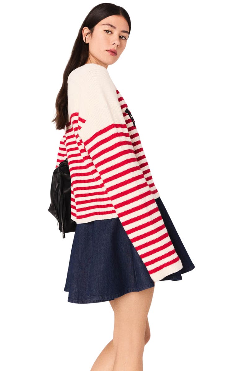 maje Striped rib knit sweater, Alternate, color, Ecru /Red