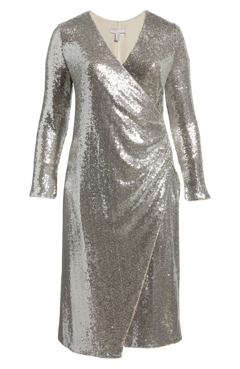 Chelsea28 Sequin Long Sleeve Faux Wrap Cocktail Dress, Alternate, color, 
