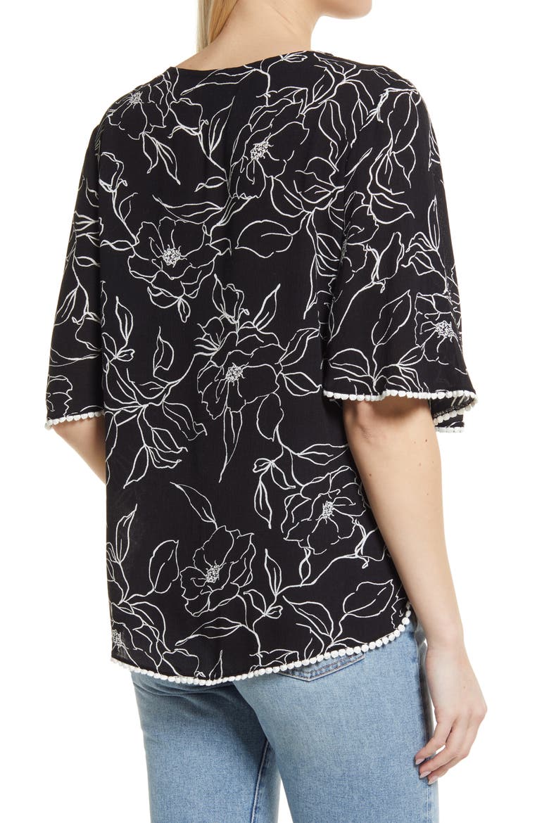 Lace Trim Floral Woven Blouse, Alternate, color, BLACK STENCIL