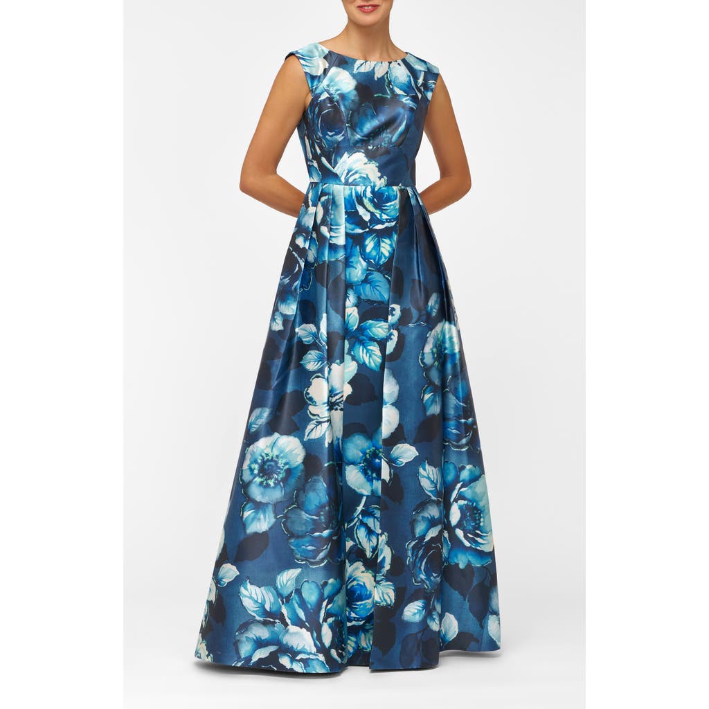 Kay Unger Kate Floral Layered Mikado Gown In Blue