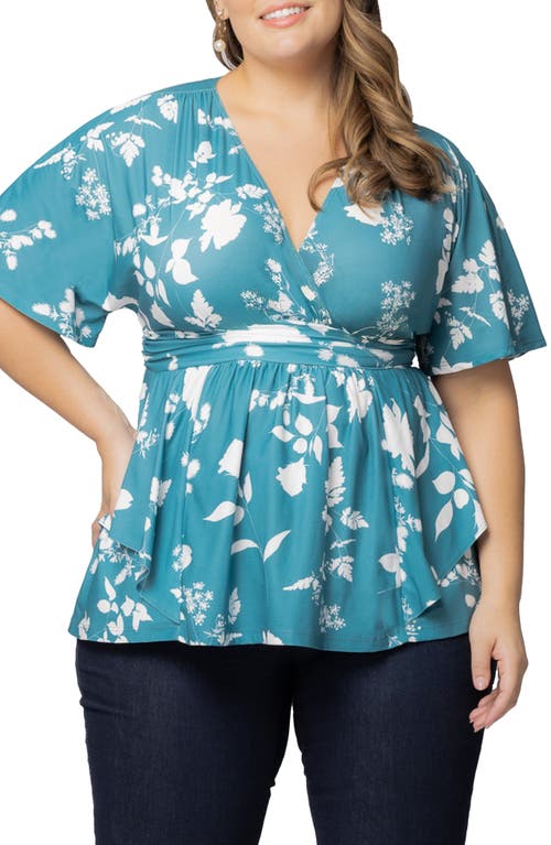 Shop Kiyonna Encore Print Faux Wrap Top In Aqua Blooms