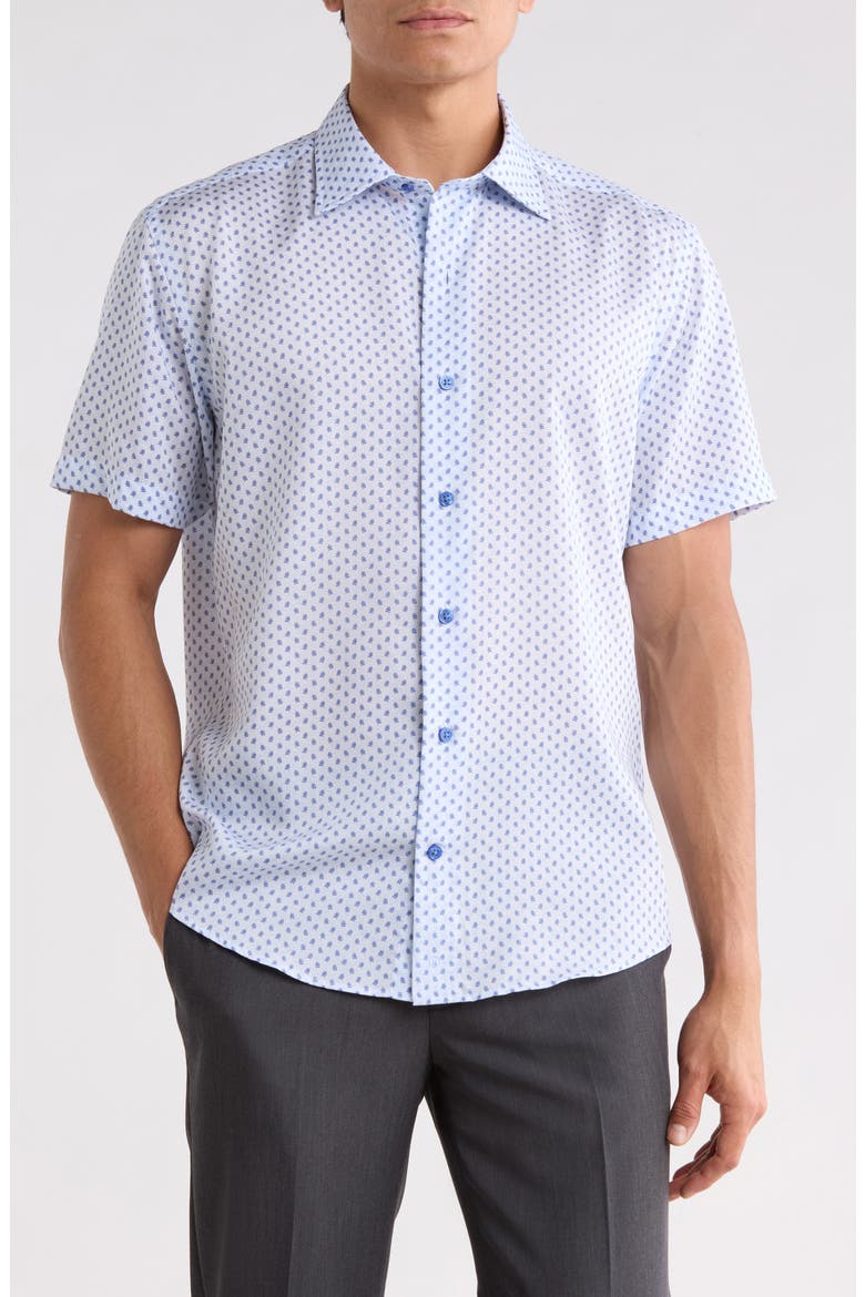 Leaf Print Short Sleeve Shirt, Main, color, SKY/ NAVY