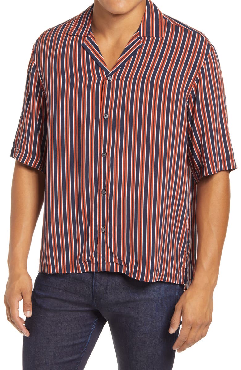 BOSS Lello Slim Fit Stripe Button-Up Camp Shirt, Main, color, 