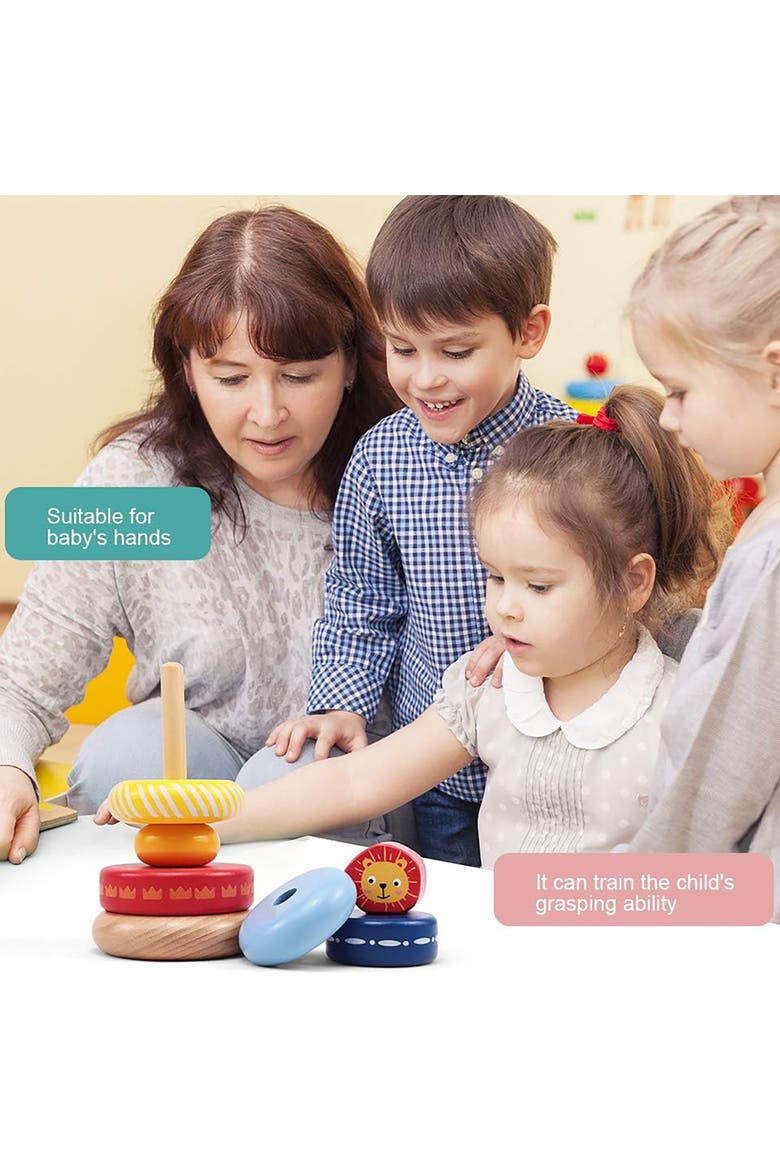 Leo Stacking Toddler Ring Tower - 7-Piece Blue Wooden Stacker Puzzle, Alternate, color, Yellow