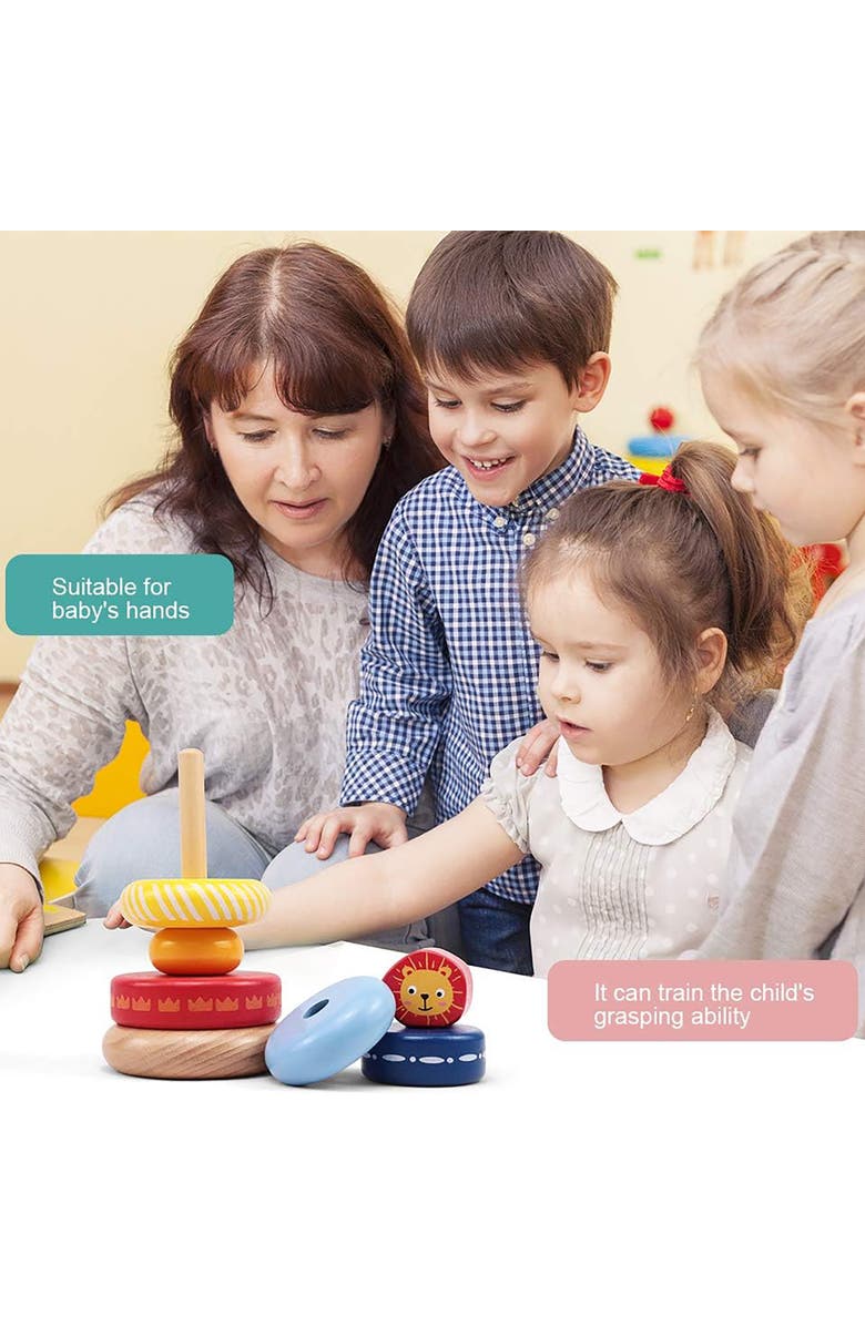 Leo & Friends Leo Stacking Toddler Ring Tower - 7-Piece Blue Wooden Stacker Puzzle, Alternate, color, Yellow