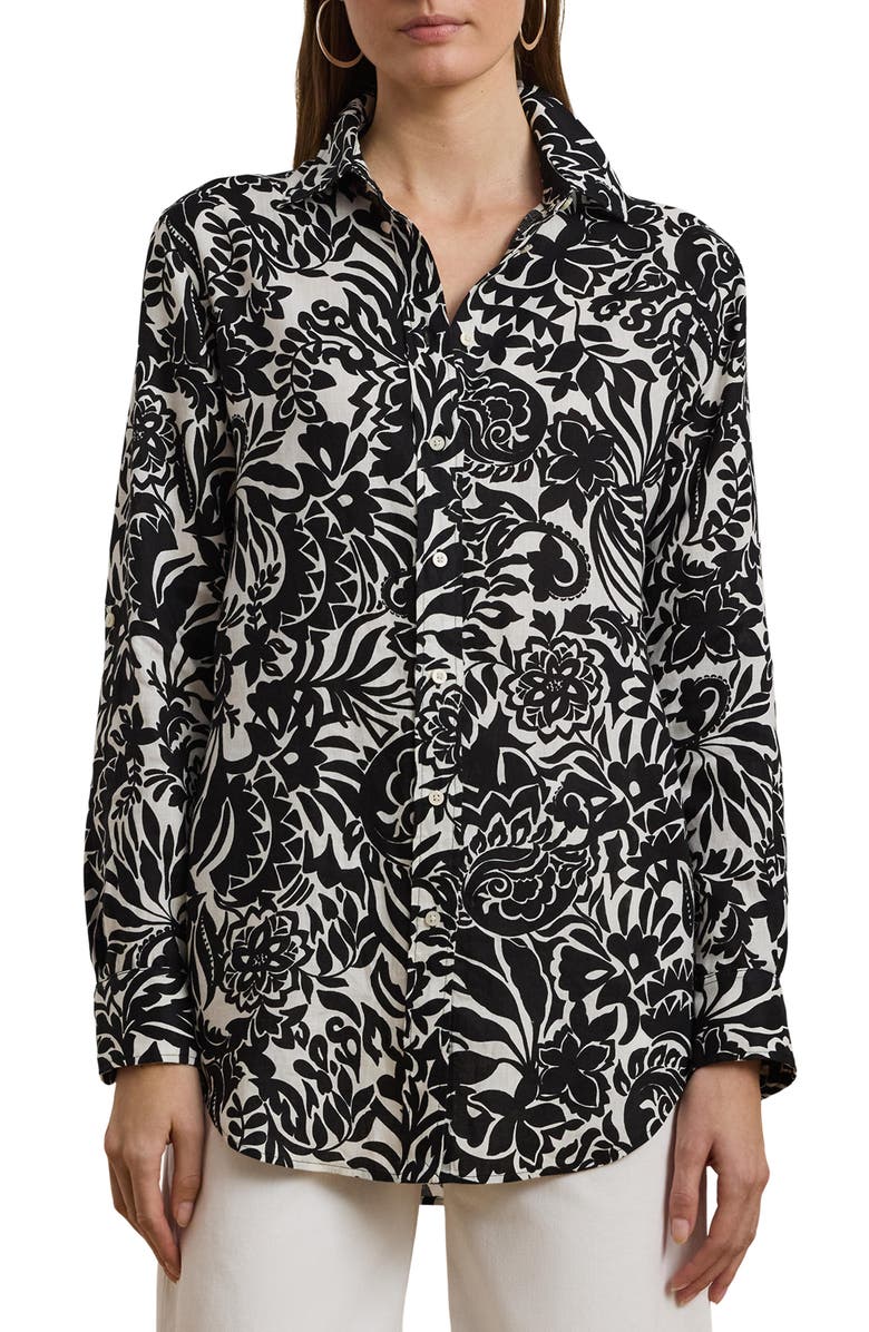 Lauren Ralph Lauren Floral Linen Button-Up Shirt, Main, color, Cream/Black