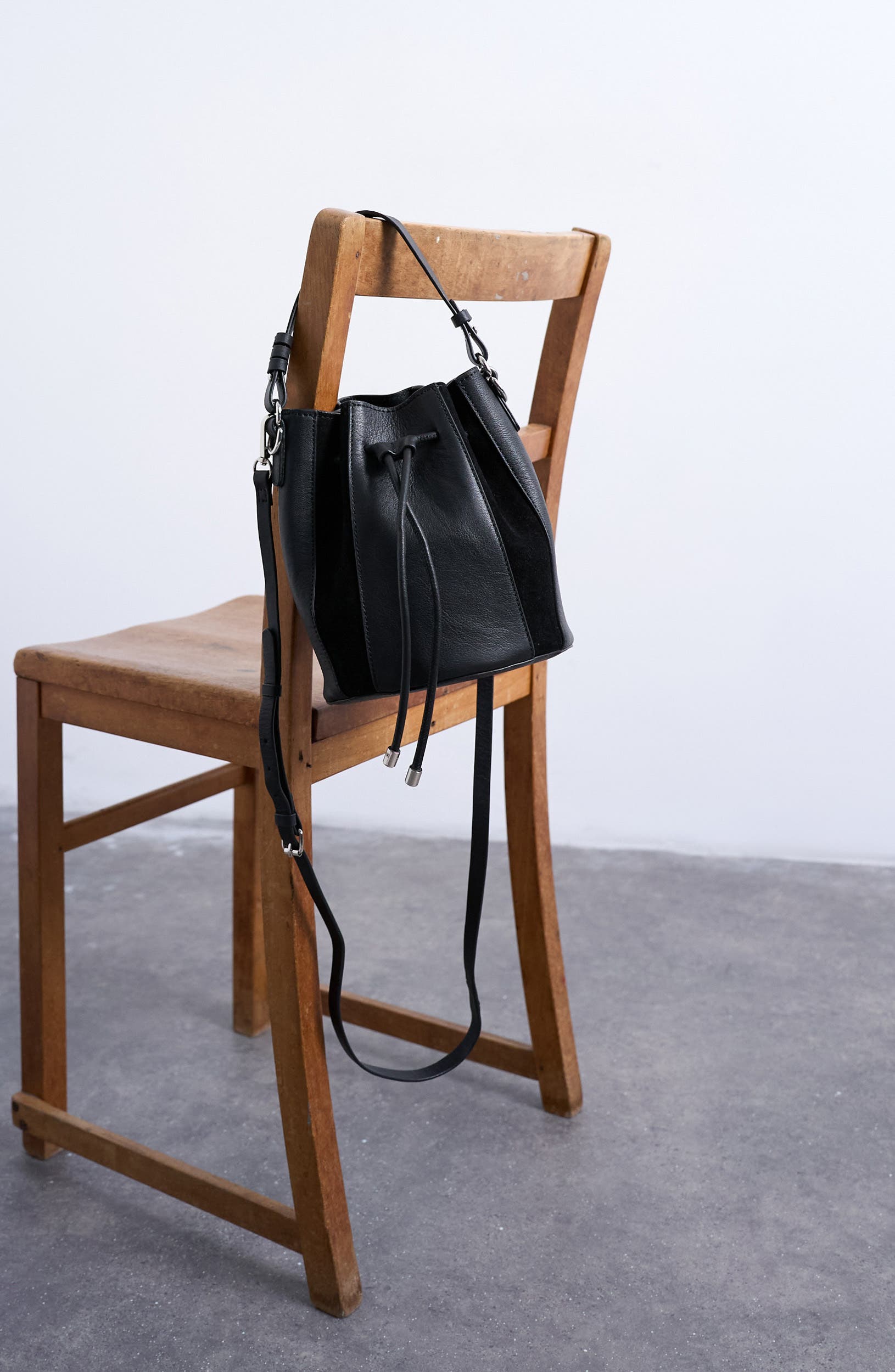 Topshop Colette Leather & Suede Bucket Bag, Alternate, color, Black